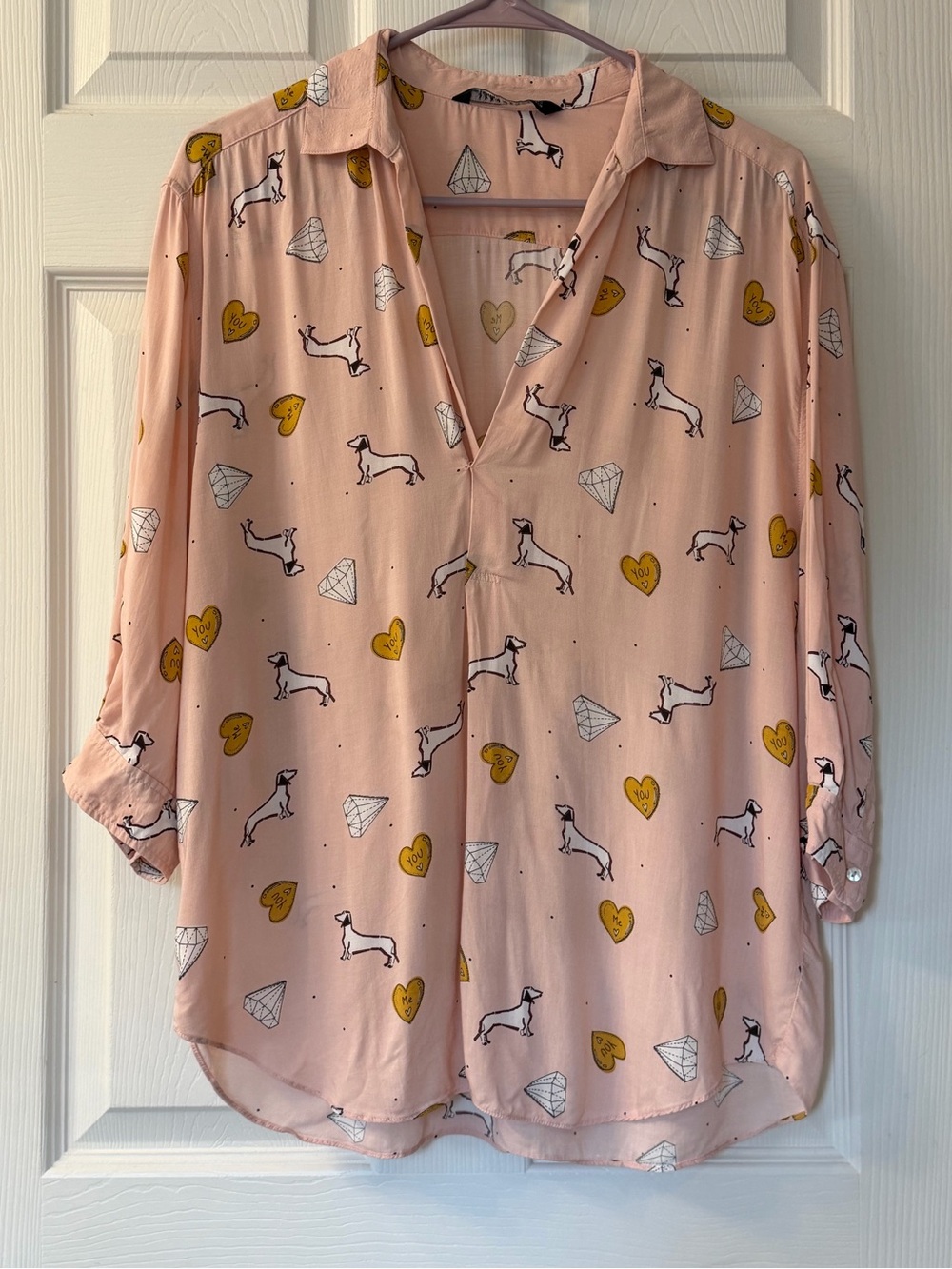 Zara Pink Dachshund Wiener Dog Doxie Heart Diamond Print Blouse Shirt Medium